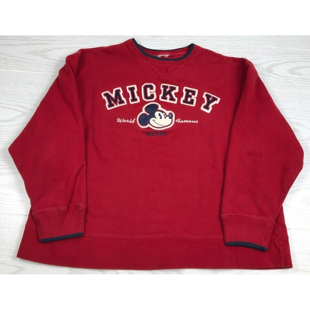 Disney Mickey Mouse Embroidered Sweatshirt Women XL Red Raised Letters Retro